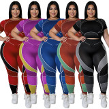 Plus Size Sport Patchwork Short Sleeve Tight Yoga 2 Piece Set GDAM-218123
