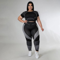 Plus Size Sport Patchwork Short Sleeve Tight Yoga 2 Piece Set GDAM-218123