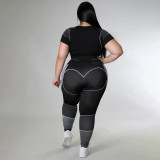Plus Size Sport Patchwork Short Sleeve Tight Yoga 2 Piece Set GDAM-218123