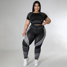 Plus Size Sport Patchwork Short Sleeve Tight Yoga 2 Piece Set GDAM-218123