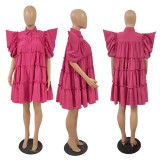 Pleated Bubble Sleeve Loose Midi Dress GRNH-28300