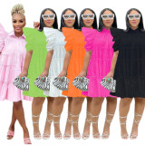 Pleated Bubble Sleeve Loose Midi Dress GRNH-28300