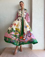 Vintage French Court Style Print Pleated Loose Long Dress GRNH-28513