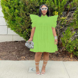 Pleated Bubble Sleeve Loose Midi Dress GRNH-28300