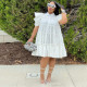 Pleated Bubble Sleeve Loose Midi Dress GRNH-28300