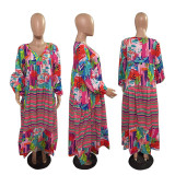 Casual Print Bubble Sleeve Pleated Maxi Dress GRNH-28333