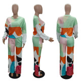 Color Contrast Patchwork Print Two Piece Pant Set GRNH-Q5705