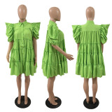 Pleated Bubble Sleeve Loose Midi Dress GRNH-28300