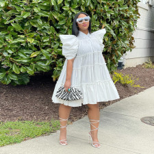Pleated Bubble Sleeve Loose Midi Dress GRNH-28300