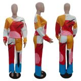 Color Contrast Patchwork Print Two Piece Pant Set GRNH-Q5705