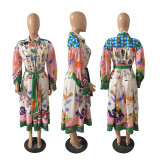Vintage French Court Style Print Pleated Loose Long Dress GRNH-28513