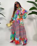 Casual Print Bubble Sleeve Pleated Maxi Dress GRNH-28333
