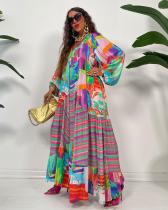 Casual Print Bubble Sleeve Pleated Maxi Dress GRNH-28333
