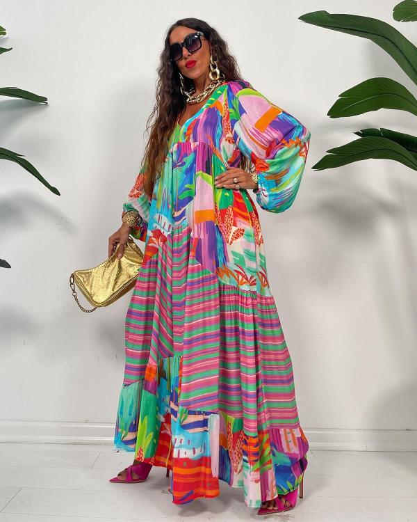 Casual Print Bubble Sleeve Pleated Maxi Dress GRNH-28333