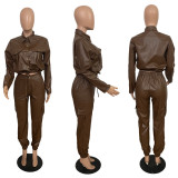 Fashion Slim PU Leather Two Piece Pants Set GRNH-RNH2823