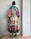 Vintage French Court Style Print Pleated Loose Long Dress GRNH-28513