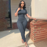 Solid Color Ribbed Short Sleeve Two Piece Pants Set YD-015