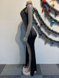 Hot Drill Mesh Patchwork Split Maxi Dress NY-3127