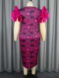 Plus Size Mesh Patchwork Petal Sleeve Printed Dress GKEN-AM040101