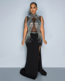 Hot Drill Mesh Patchwork Split Maxi Dress NY-3127