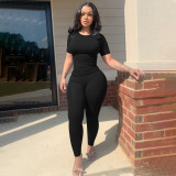 Solid Color Ribbed Short Sleeve Two Piece Pants Set YD-015