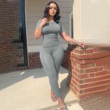 Solid Color Ribbed Short Sleeve Two Piece Pants Set YD-015