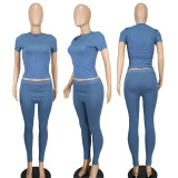 Solid Color Ribbed Short Sleeve Two Piece Pants Set YD-015