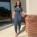 Solid Color Ribbed Short Sleeve Two Piece Pants Set YD-015