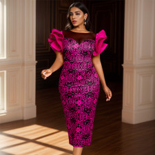 Plus Size Mesh Patchwork Petal Sleeve Printed Dress GKEN-AM040101