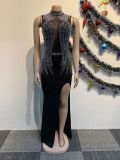 Hot Drill Mesh Patchwork Split Maxi Dress NY-3127