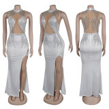 Hot Drill Mesh Patchwork Split Maxi Dress NY-3127