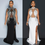 Hot Drill Mesh Patchwork Split Maxi Dress NY-3127