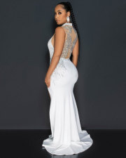 Hot Drill Mesh Patchwork Split Maxi Dress NY-3127