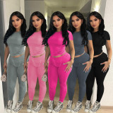 Solid Color Ribbed Short Sleeve Two Piece Pants Set YD-015