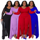 Plus Size Solid Long Sleeve Patchwork Slim Jumpsuit NNWF-7970