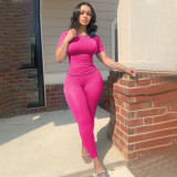 Solid Color Ribbed Short Sleeve Two Piece Pants Set YD-015