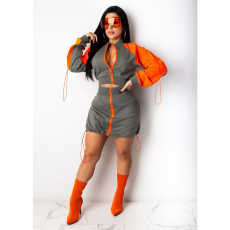 Contrast Color Drawstring Zipper Mini Dress CHY-1290