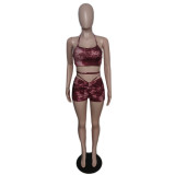 Sexy Print Sling Vest Drawstring Shorts Two Piece Set QXTF-8880