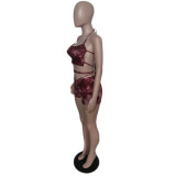 Sexy Print Sling Vest Drawstring Shorts Two Piece Set QXTF-8880