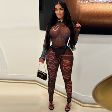 Mesh See Through Mesh Tight Bodysuit+Pant 2 Piece Set YNSF-2629