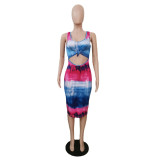 Print Dye Sleeveless Hollow Out Midi Dress QXTF-8849