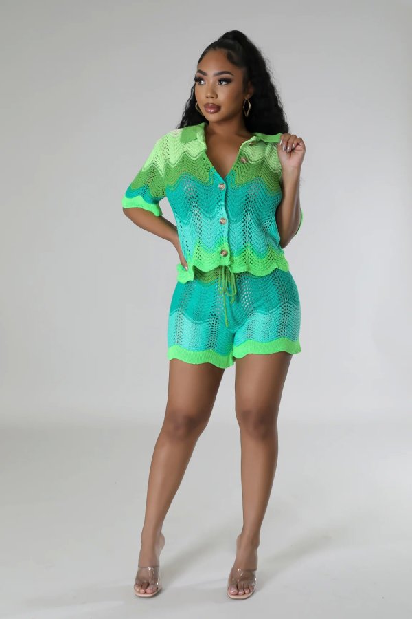 Knit Short Sleeve Shorts Casual Two Piece Set GCNF-0216