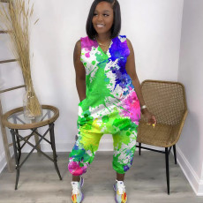 Plus Size Tie Dye Print Sleeveless Loose Jumpsuit QXTF-8310