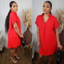 V Neck Short Sleeve Solid Shirt Dress NY-10721