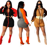 Contrast Color Drawstring Zipper Mini Dress CHY-1290