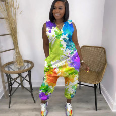Plus Size Tie Dye Print Sleeveless Loose Jumpsuit QXTF-8310