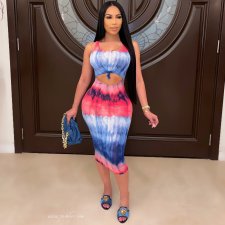 Print Dye Sleeveless Hollow Out Midi Dress QXTF-8849