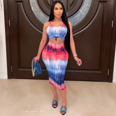 Print Dye Sleeveless Hollow Out Midi Dress QXTF-8849