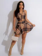 Fashion Plaid Print Vest Two Piece Skirt Set GDNY-1016