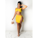 Sexy Solid Crop Tops And Split Skirt 2 Piece Set QXTF-8865
